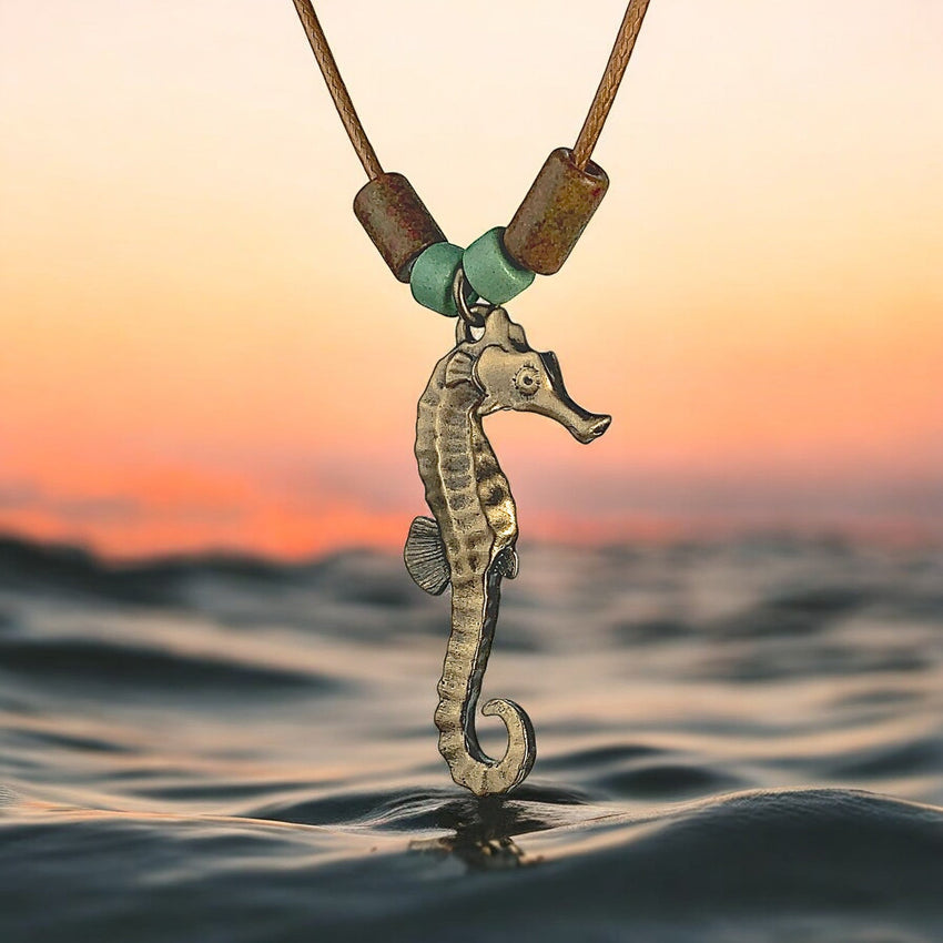 Seahorse Necklace – Shoreline Collection - Bronze with Greek Beads
