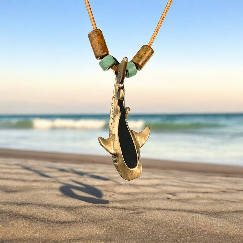 Whale Shark Necklace – Shoreline Collection - Bronze with Mykonos Beads on Cotton Cord