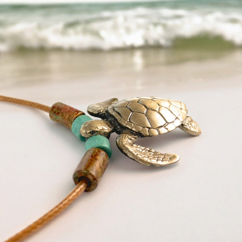 Sea Turtle Necklace – Shoreline Collection - Bronze on Braided Cotton Cord