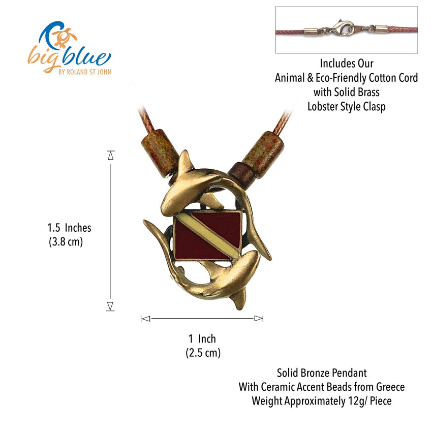 Sharks and Dive Flag Necklace  – Shoreline Collection – Bronze on Cotton Cord
