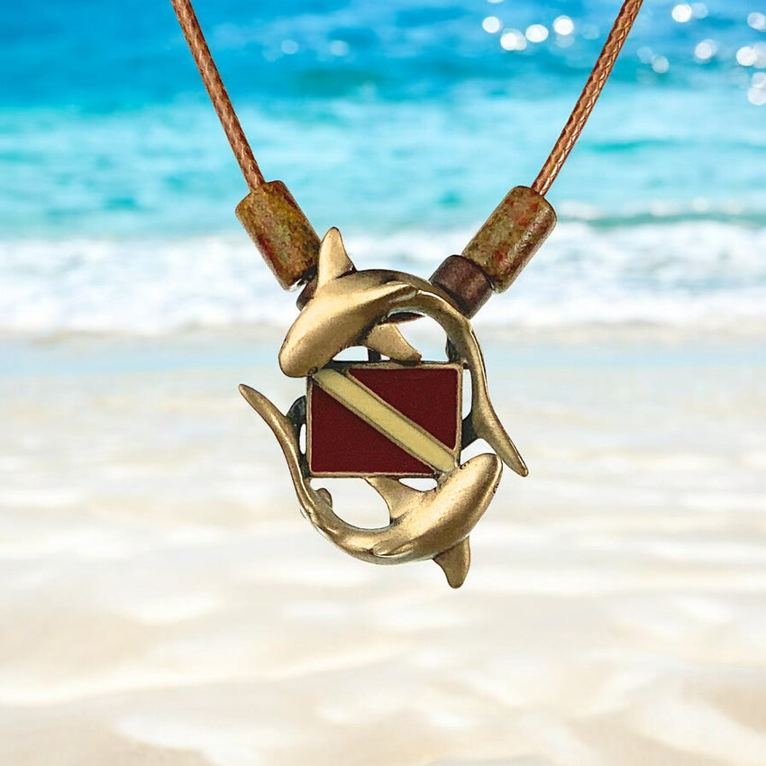 Sharks and Dive Flag Necklace  – Shoreline Collection – Bronze on Cotton Cord