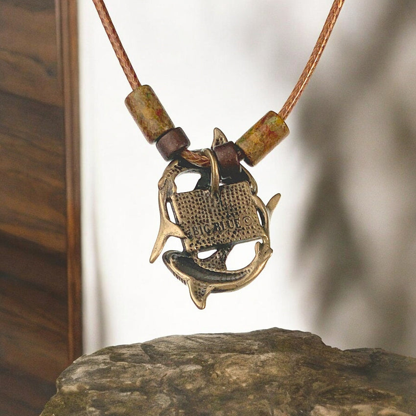 Sharks and Dive Flag Necklace  – Shoreline Collection – Bronze on Cotton Cord