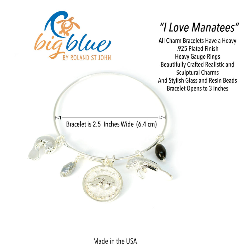 Manatee Adjustable Charm Bracelet — I Love Collection - Sterling Silver
