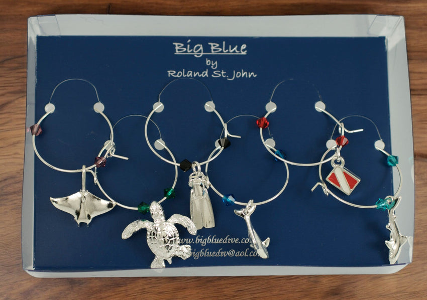 Sea Life Wine Glass Charms –  Set of 6 Diver-Themed Drink Markers
