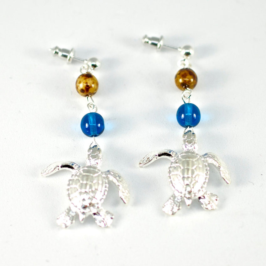 Sea Turtle Dangle Earrings with Beads – Ocean Theme Collection - Pewter