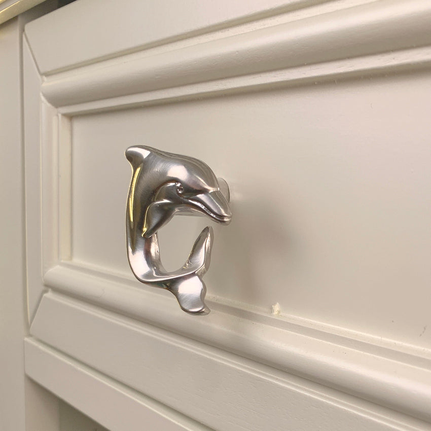 Dolphin Drawer Pull/Knob – Home Decor – Pewter with Nickel or Brass Finish