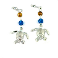 Sea Turtle Dangle Earrings with Beads – Ocean Theme Collection - Pewter