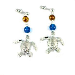 Sea Turtle Dangle Earrings with Beads – Ocean Theme Collection - Pewter