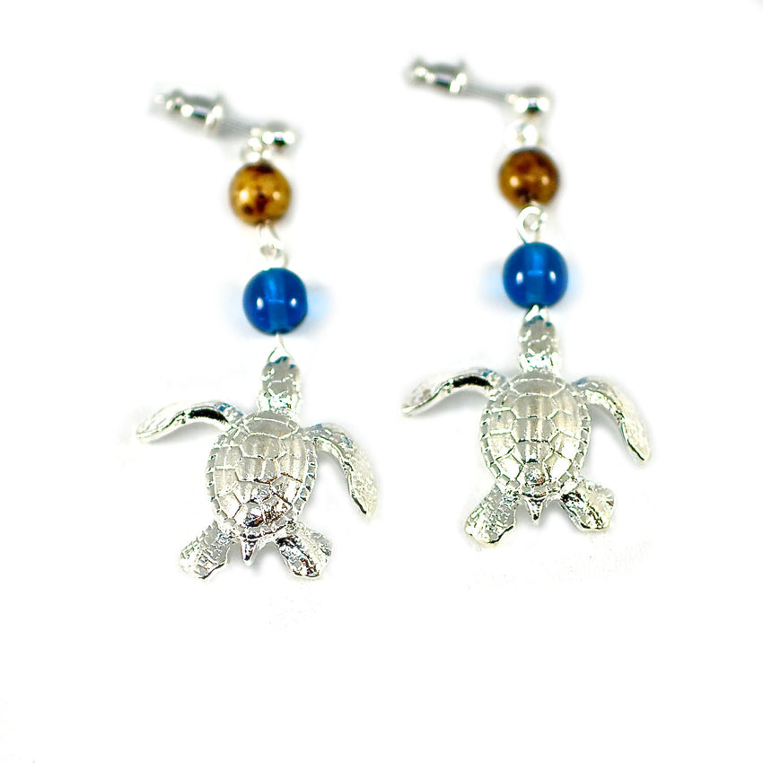 Sea Turtle Dangle Earrings with Beads – Ocean Theme Collection - Pewter