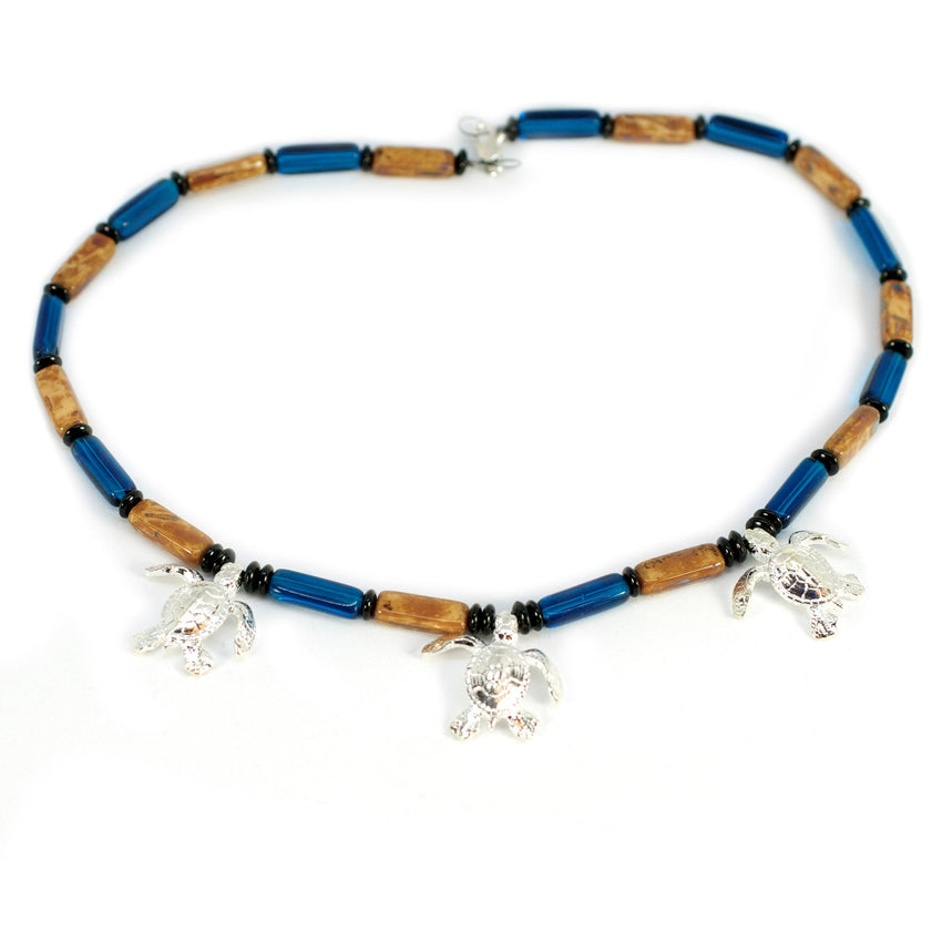 Sea Turtle Hatchling Charm Necklace - Ocean Theme - Pewter with Mykonos Beads