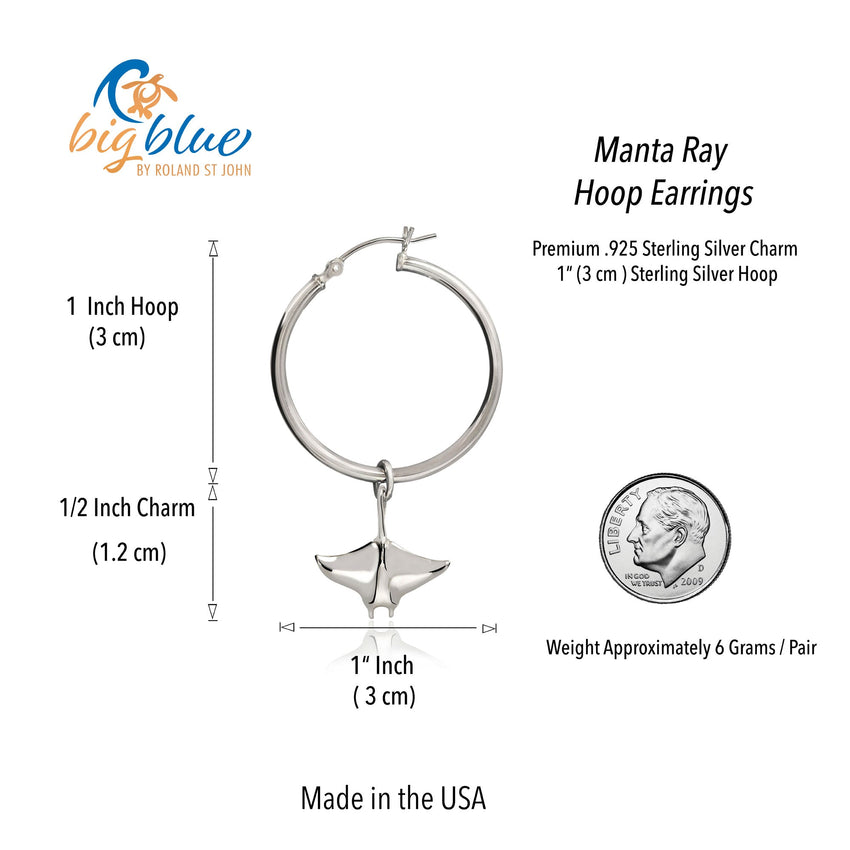 Manta Ray Drop Hoop Earrings – Sealife Collection – Sterling Silver