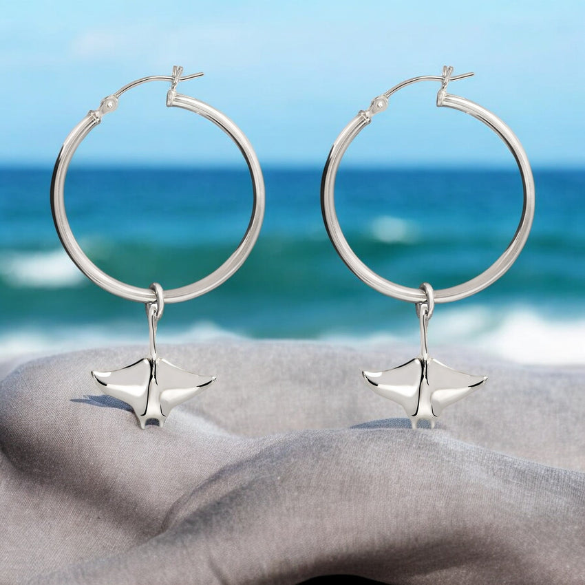Manta Ray Drop Hoop Earrings – Sealife Collection – Sterling Silver