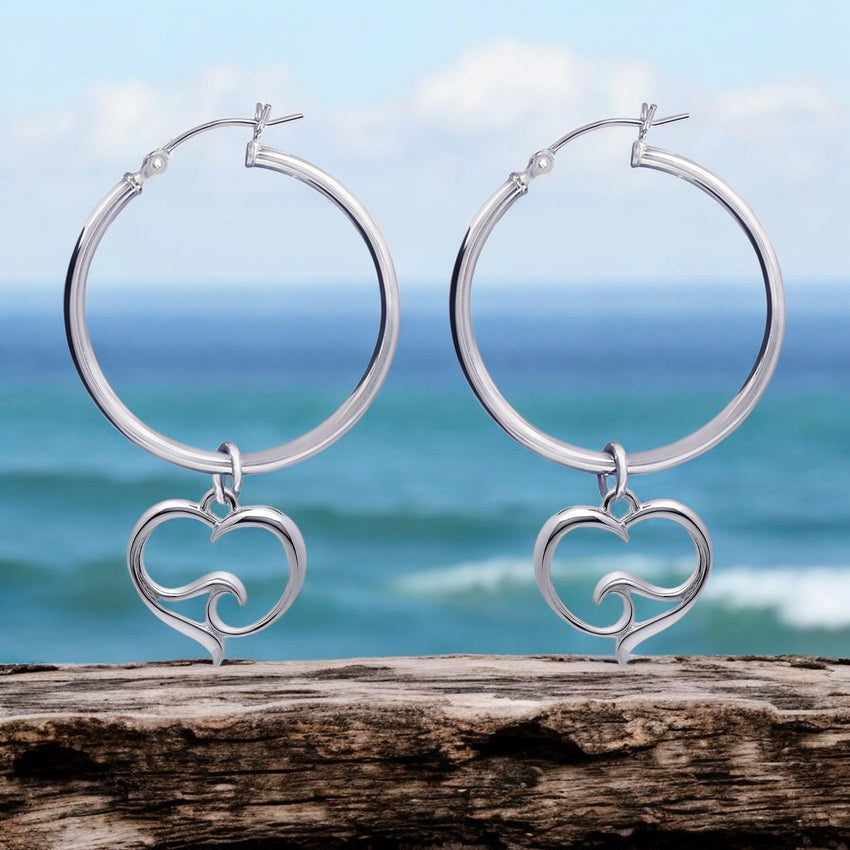 Ocean Wave Heart Hoop Earrings – Ocean Wave Heart Collection - Sterling Silver