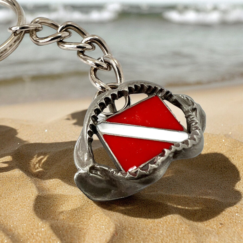 Shark Jaw Keychain with Dive Flag – Diver’s Collection – Pewter