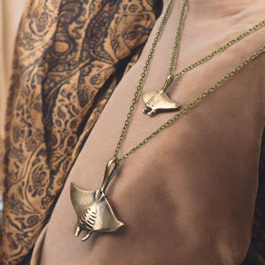 Manta Ray Pendants on Layered Chains Necklace – Ocean Breeze Collection - Bronze