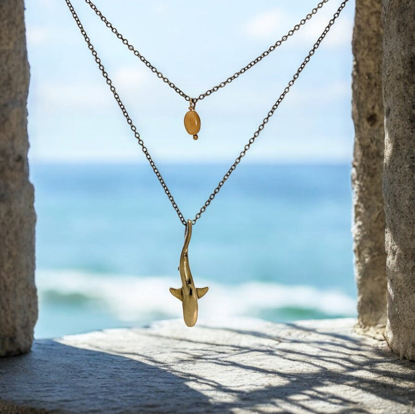 Shark Pendant on Layered Chains Necklace – Ocean Breeze Collection – Bronze