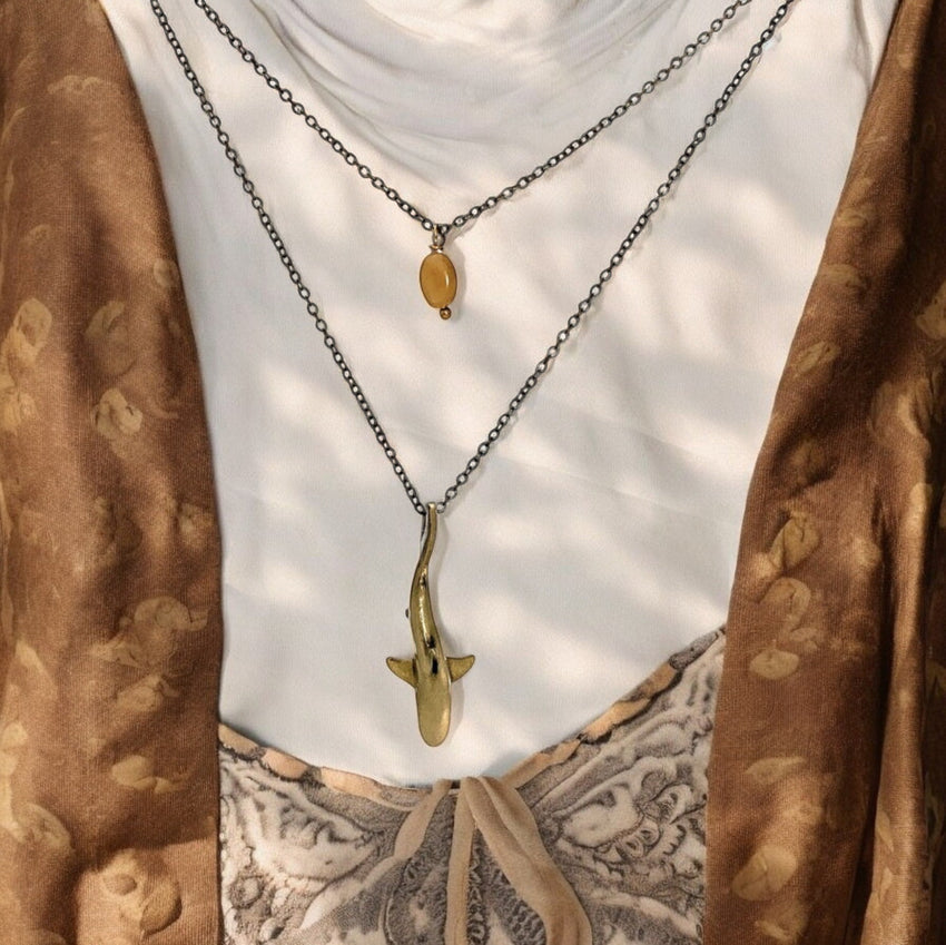 Shark Pendant on Layered Chains Necklace – Ocean Breeze Collection – Bronze