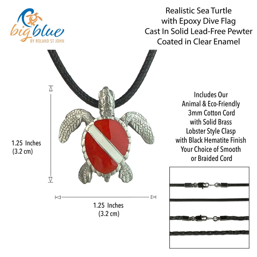 Hawksbill Sea Turtle Necklace Pendant with Dive Flag – Diver’s Collection - Pewter