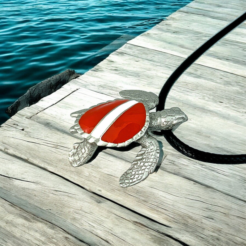 Hawksbill Sea Turtle Necklace Pendant with Dive Flag – Diver’s Collection - Pewter