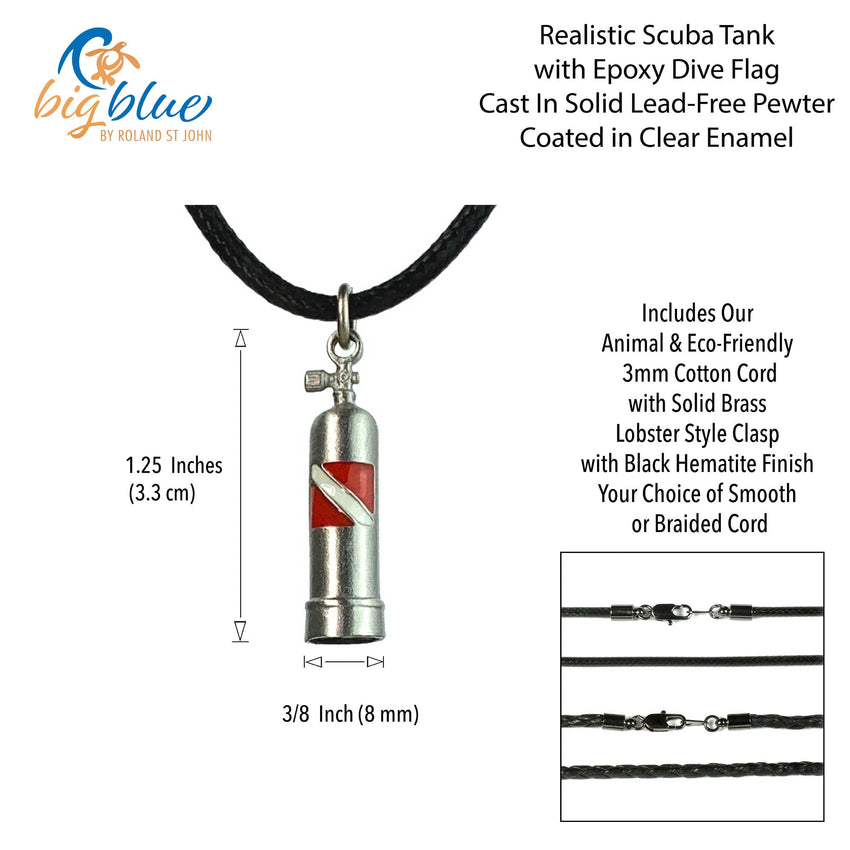 Scuba Tank Necklace with Dive Flag – Diver’s Collection - Pewter on Cord