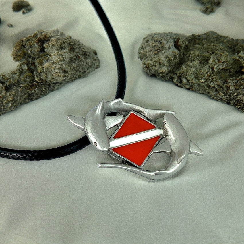 Sharks and Dive Flag Necklace – Diver’s Collection – Pewter