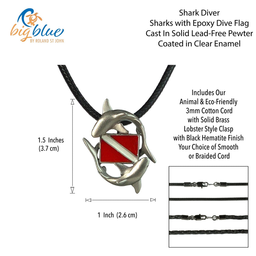 Sharks and Dive Flag Necklace – Diver’s Collection – Pewter
