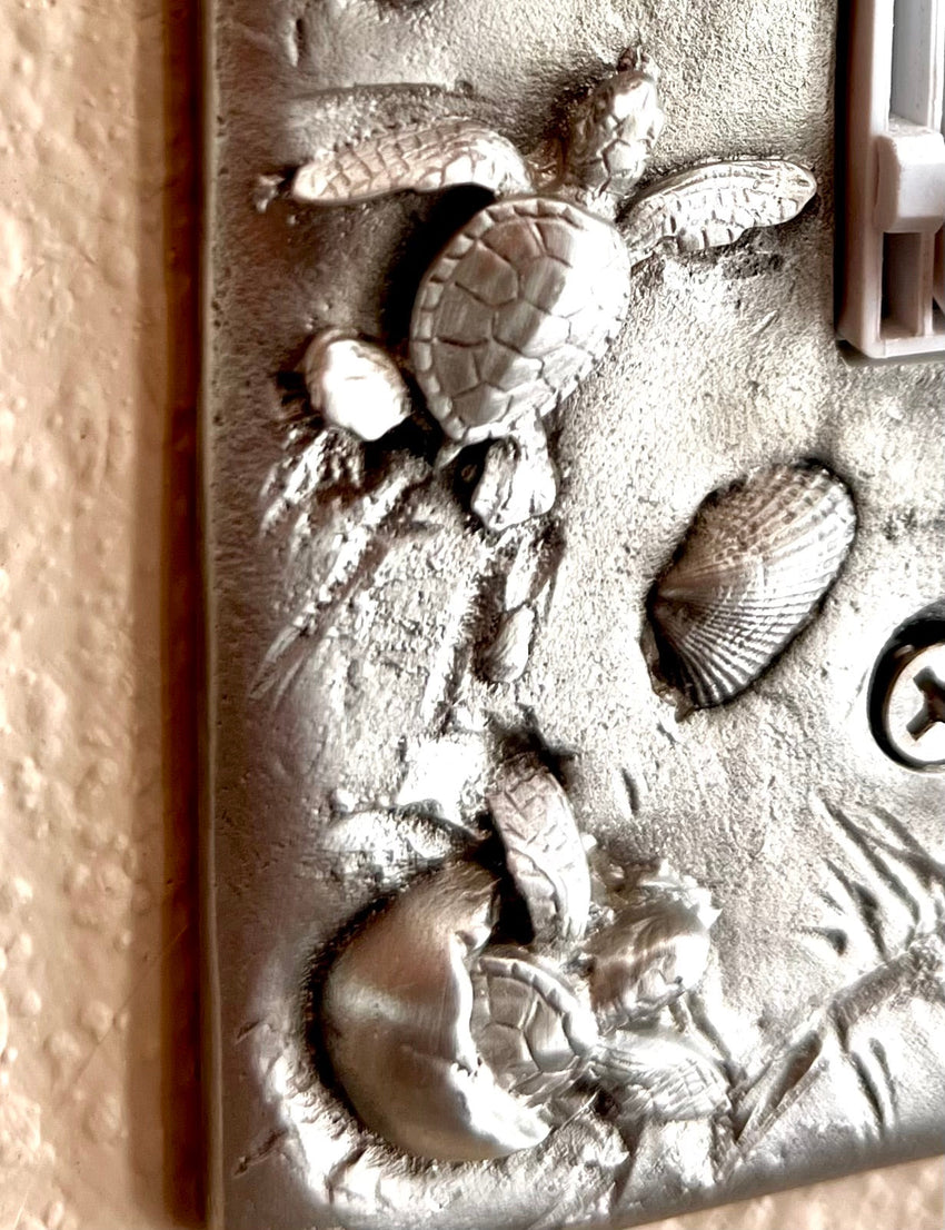 Sea Turtle Hatchlings Double Switch Plate –  Pewter