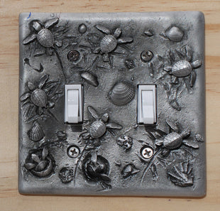 Sea Turtle Hatchlings Double Switch Plate –  Pewter