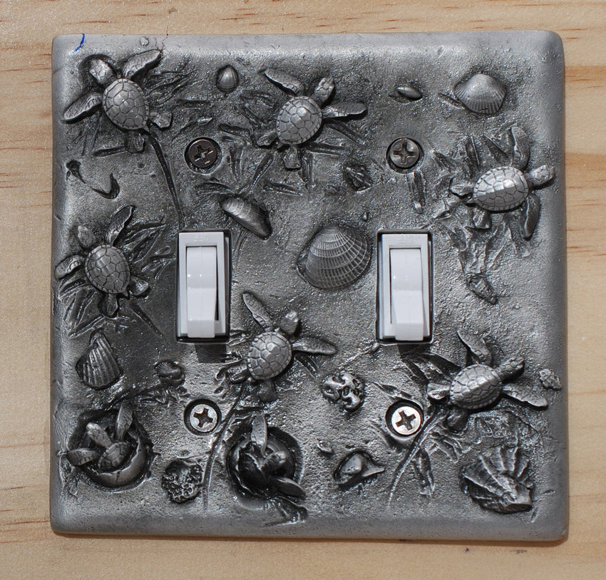 Sea Turtle Hatchlings Double Switch Plate –  Pewter